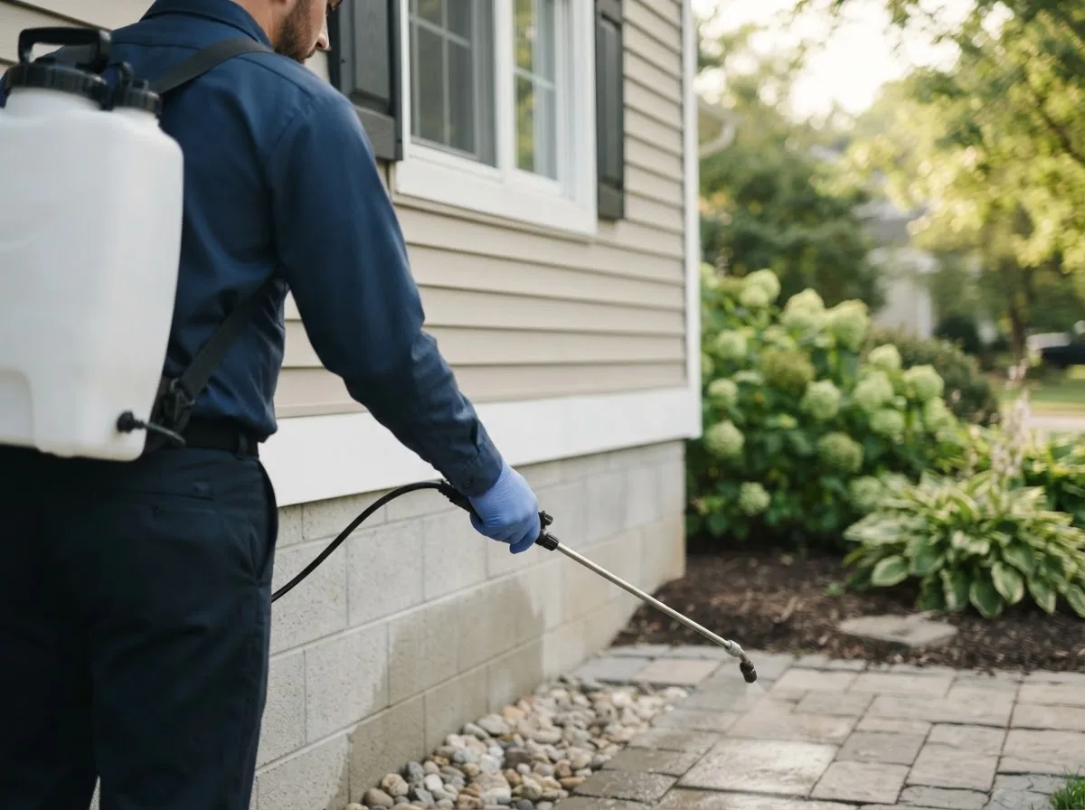 Pest control technician inspecting a home in Flanagan, IL